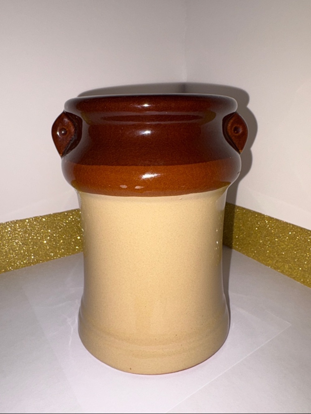 Vintage Interpur - Tone Brown and Cream Stoneware Utensil Crock